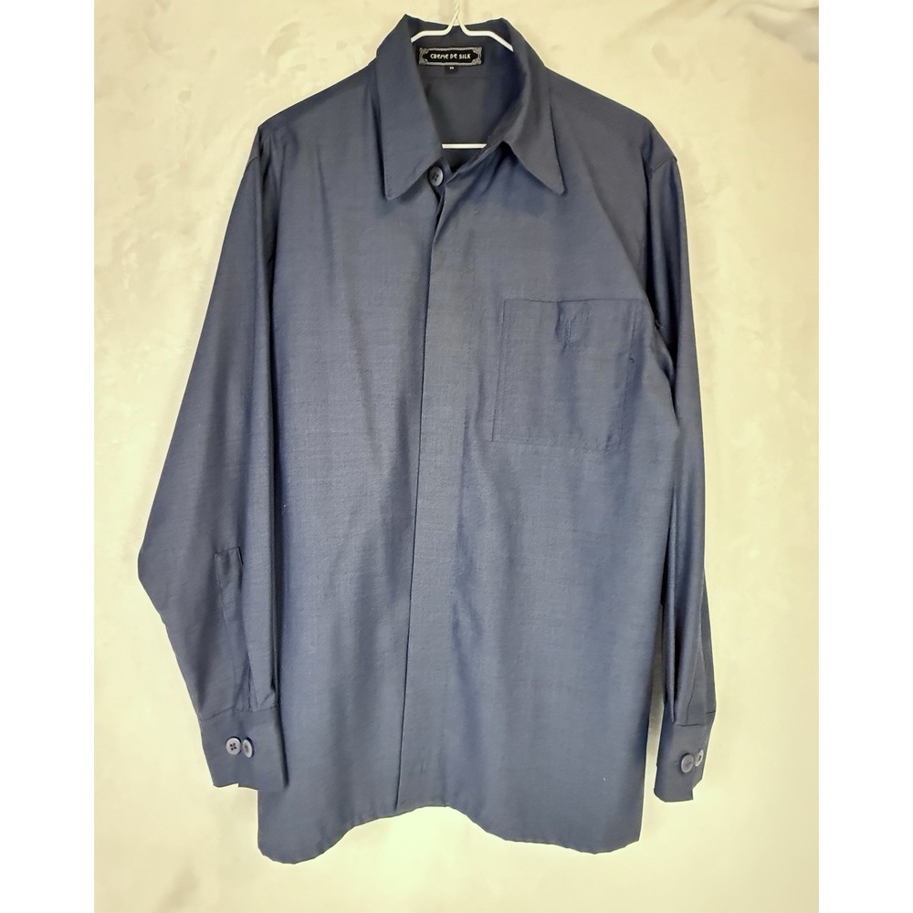 Men's Blue Minimalist Shirt M Hidden Placket Quiet Luxury Soft Dress